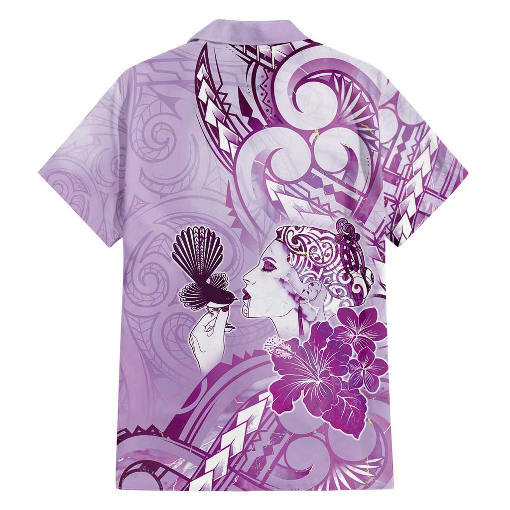 Aotearoa Maori Wahine Family Matching Off Shoulder Short Dress and Hawaiian Shirt Fantail Bird Purple Gold Marble