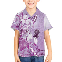 Aotearoa Maori Wahine Family Matching Off Shoulder Short Dress and Hawaiian Shirt Fantail Bird Purple Gold Marble