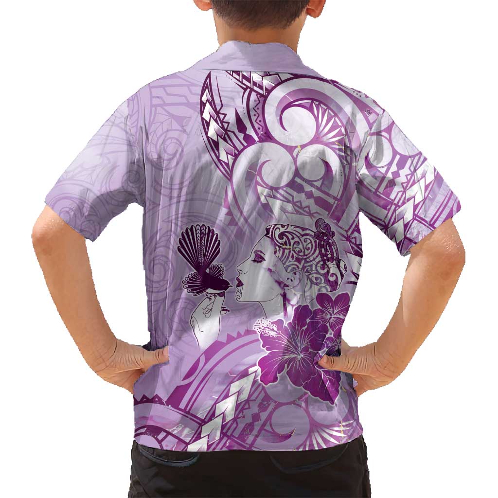 Aotearoa Maori Wahine Family Matching Puletasi and Hawaiian Shirt Fantail Bird Purple Gold Marble LT05 - Polynesian Pride