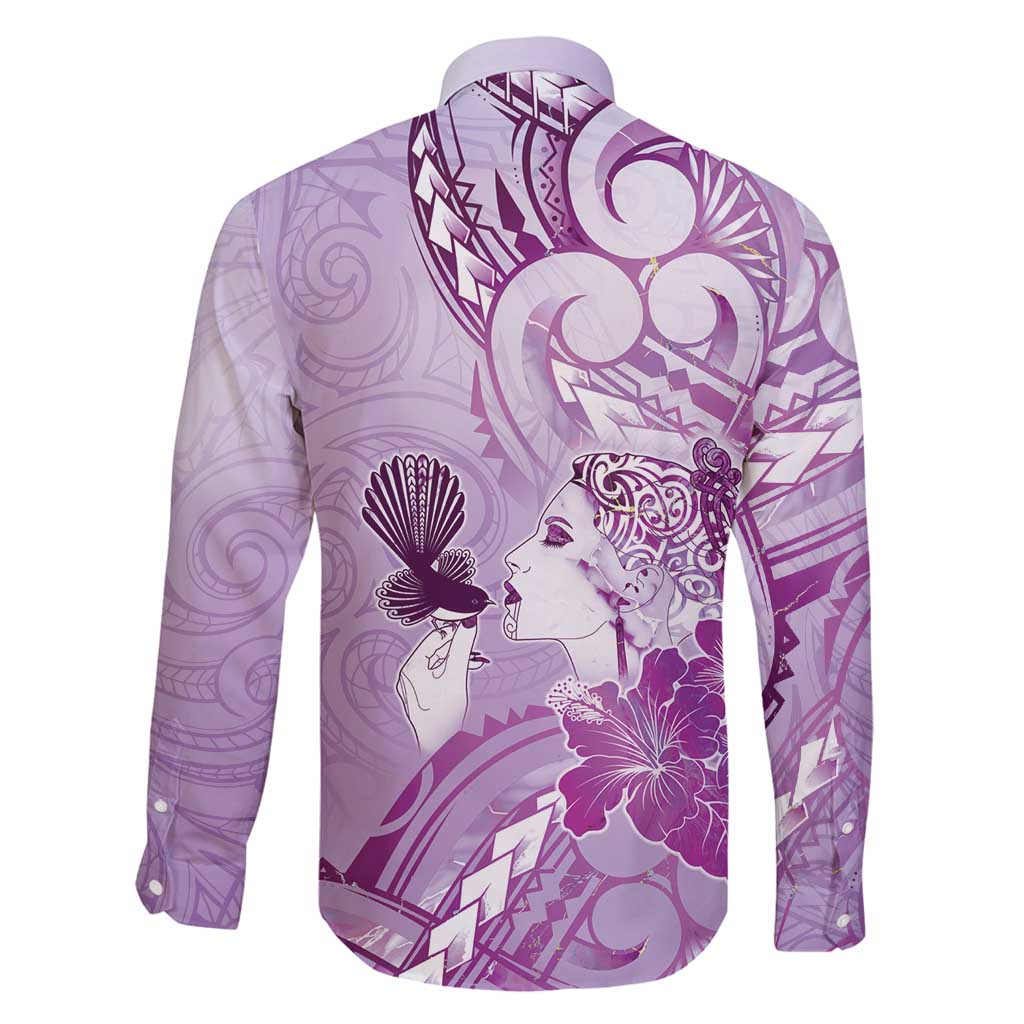 Aotearoa Maori Wahine Family Matching Puletasi and Hawaiian Shirt Fantail Bird Purple Gold Marble LT05 - Polynesian Pride