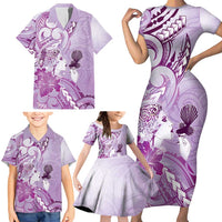 Aotearoa Maori Wahine Family Matching Short Sleeve Bodycon Dress and Hawaiian Shirt Fantail Bird Purple Gold Marble LT05 - Polynesian Pride