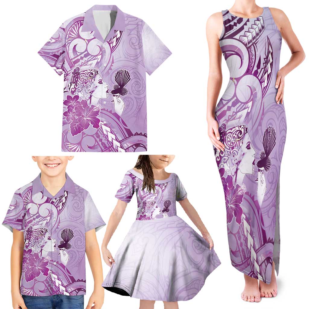 Aotearoa Maori Wahine Family Matching Tank Maxi Dress and Hawaiian Shirt Fantail Bird Purple Gold Marble