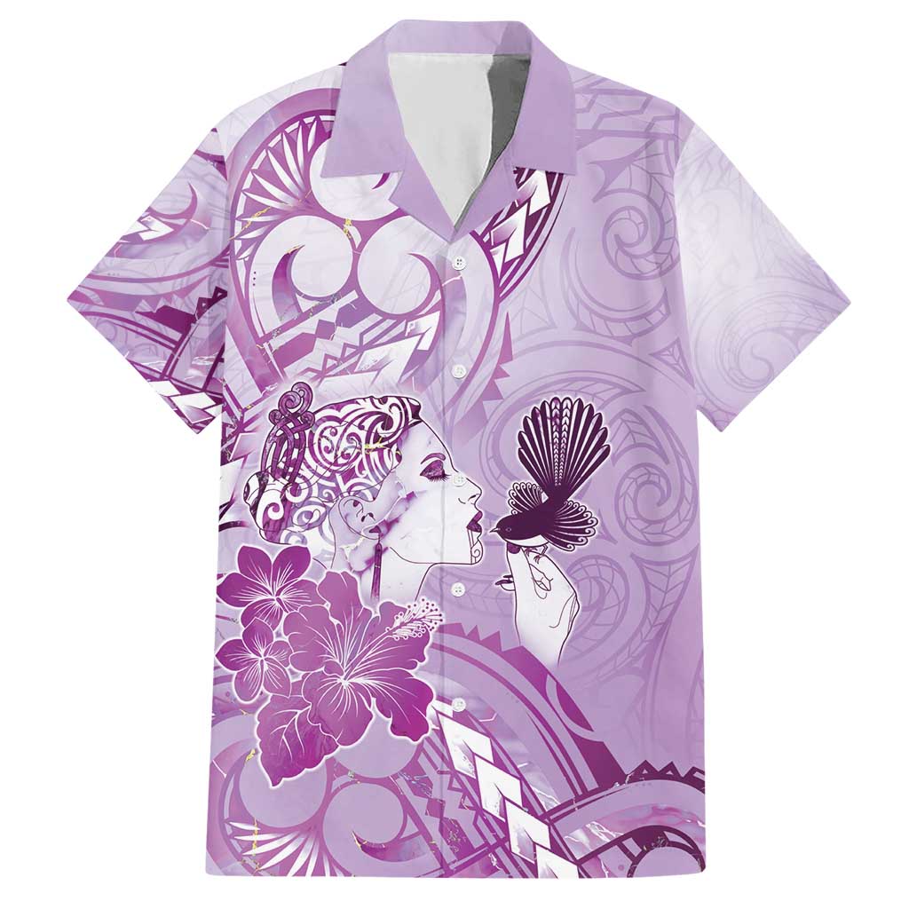 Aotearoa Maori Wahine Hawaiian Shirt Fantail Bird Purple Gold Marble