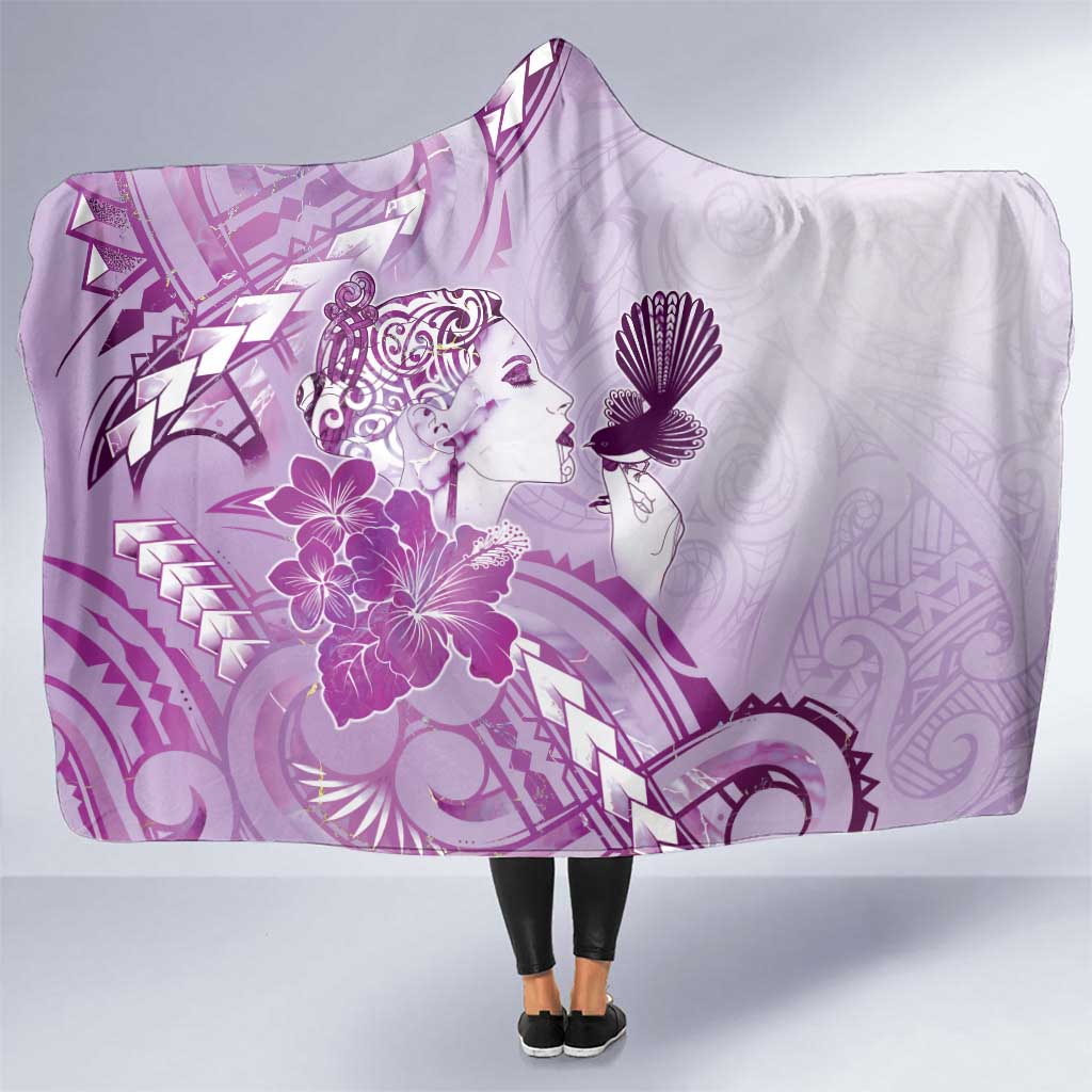Aotearoa Maori Wahine Hooded Blanket Fantail Bird Purple Gold Marble