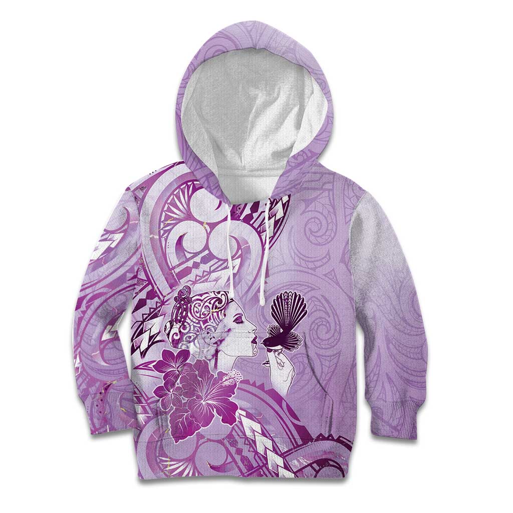 Aotearoa Maori Wahine Kid Hoodie Fantail Bird Purple Gold Marble