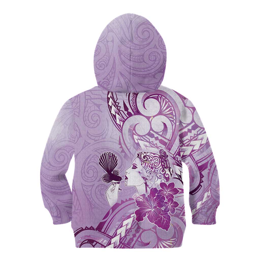 Aotearoa Maori Wahine Kid Hoodie Fantail Bird Purple Gold Marble