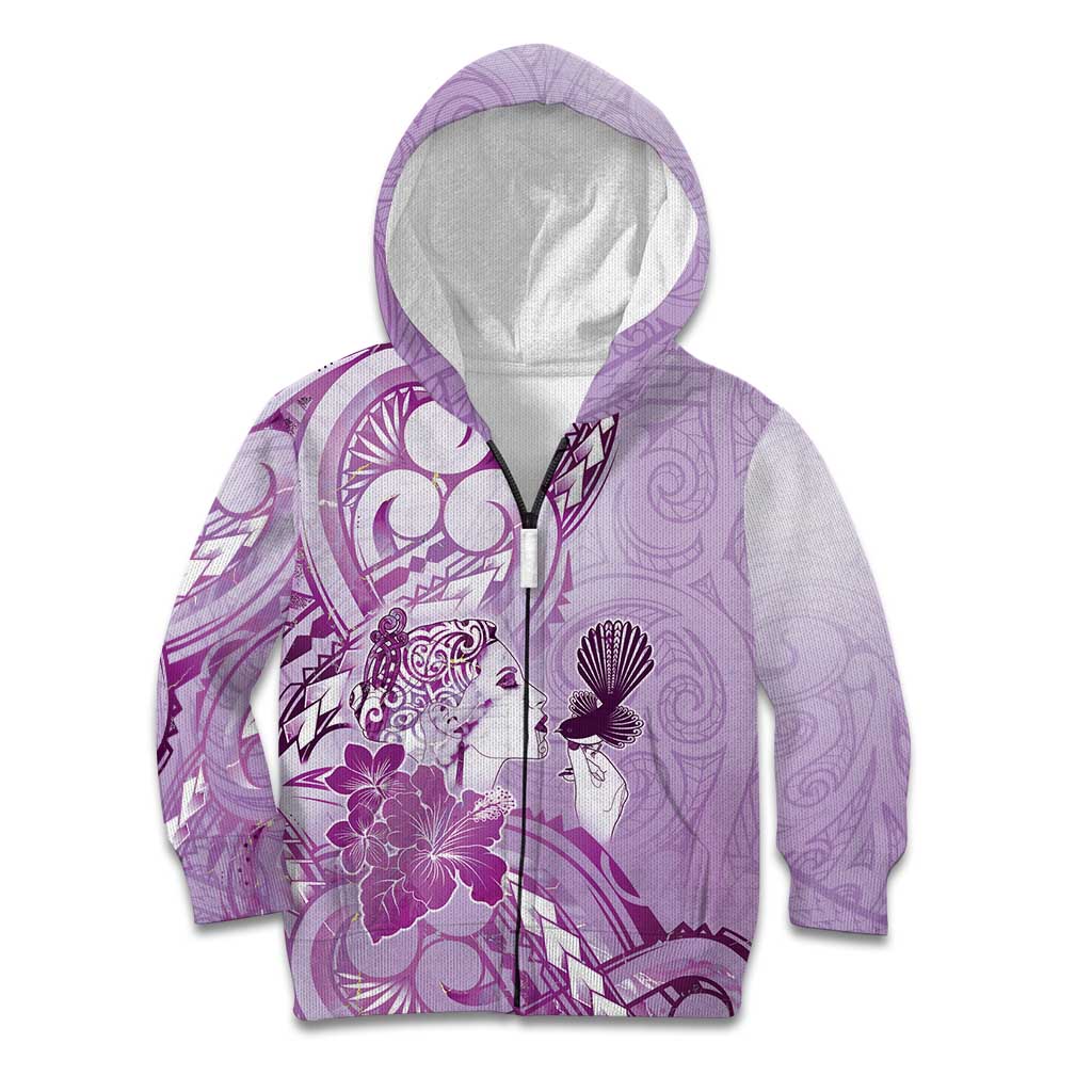 Aotearoa Maori Wahine Kid Hoodie Fantail Bird Purple Gold Marble
