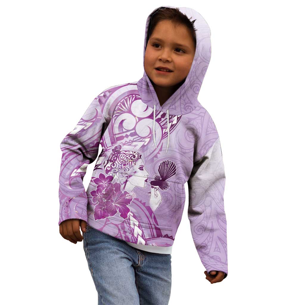 Aotearoa Maori Wahine Kid Hoodie Fantail Bird Purple Gold Marble