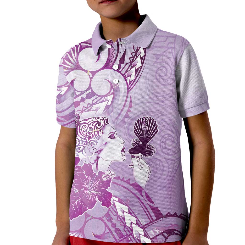 Aotearoa Maori Wahine Kid Polo Shirt Fantail Bird Purple Gold Marble