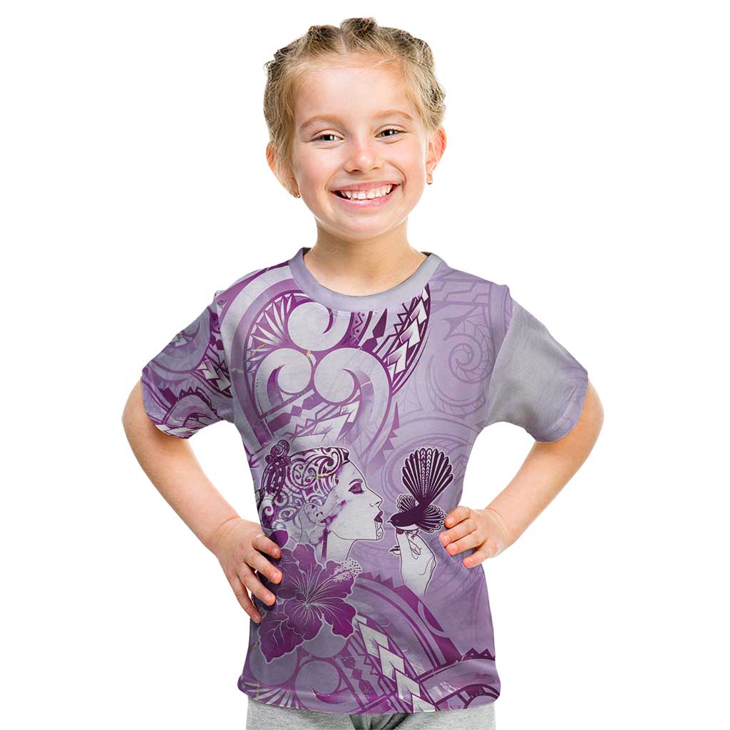 Aotearoa Maori Wahine Kid T Shirt Fantail Bird Purple Gold Marble