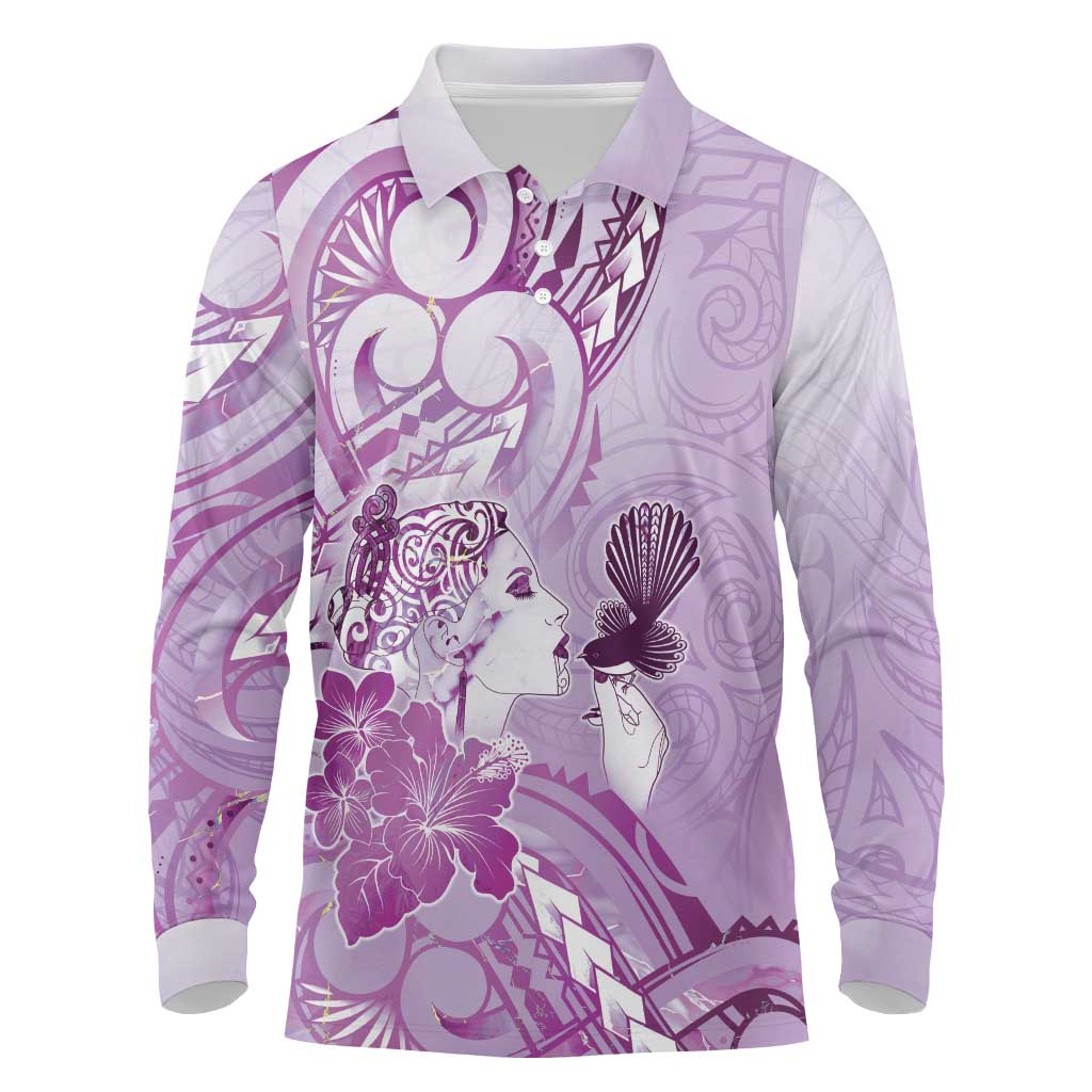 Aotearoa Maori Wahine Long Sleeve Polo Shirt Fantail Bird Purple Gold Marble