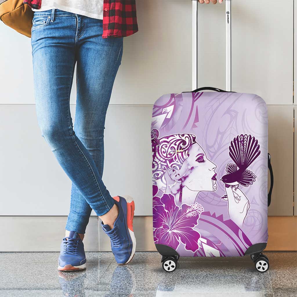 Aotearoa Maori Wahine Luggage Cover Fantail Bird Purple Gold Marble