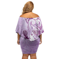 Aotearoa Maori Wahine Off Shoulder Short Dress Fantail Bird Purple Gold Marble