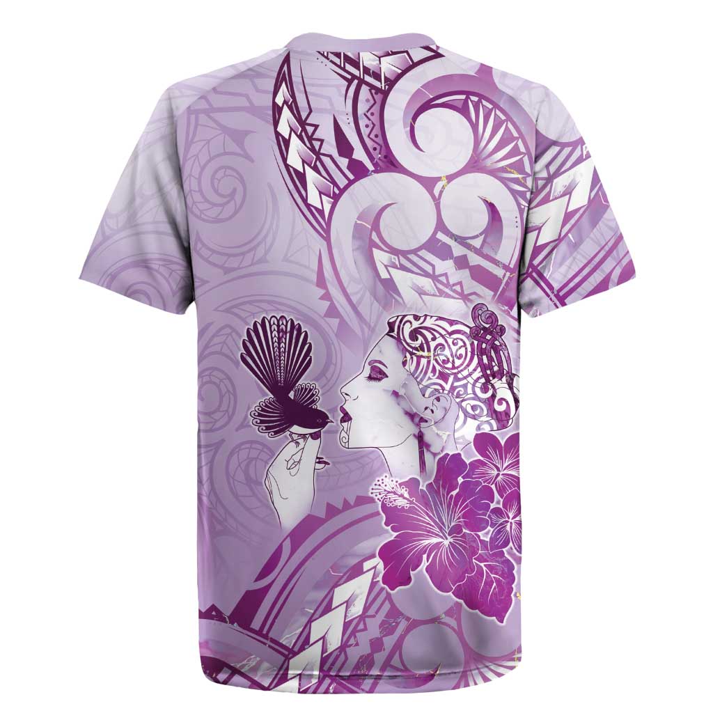 Aotearoa Maori Wahine Rugby Jersey Fantail Bird Purple Gold Marble