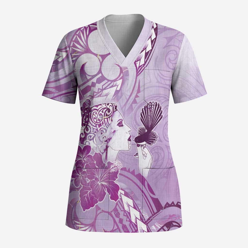 Aotearoa Maori Wahine Scrub Top Fantail Bird Purple Gold Marble - Polynesian Pride