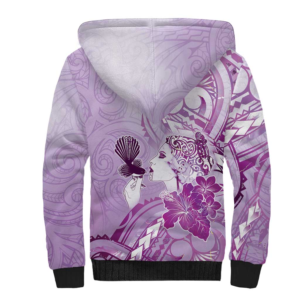 Aotearoa Maori Wahine Sherpa Hoodie Fantail Bird Purple Gold Marble