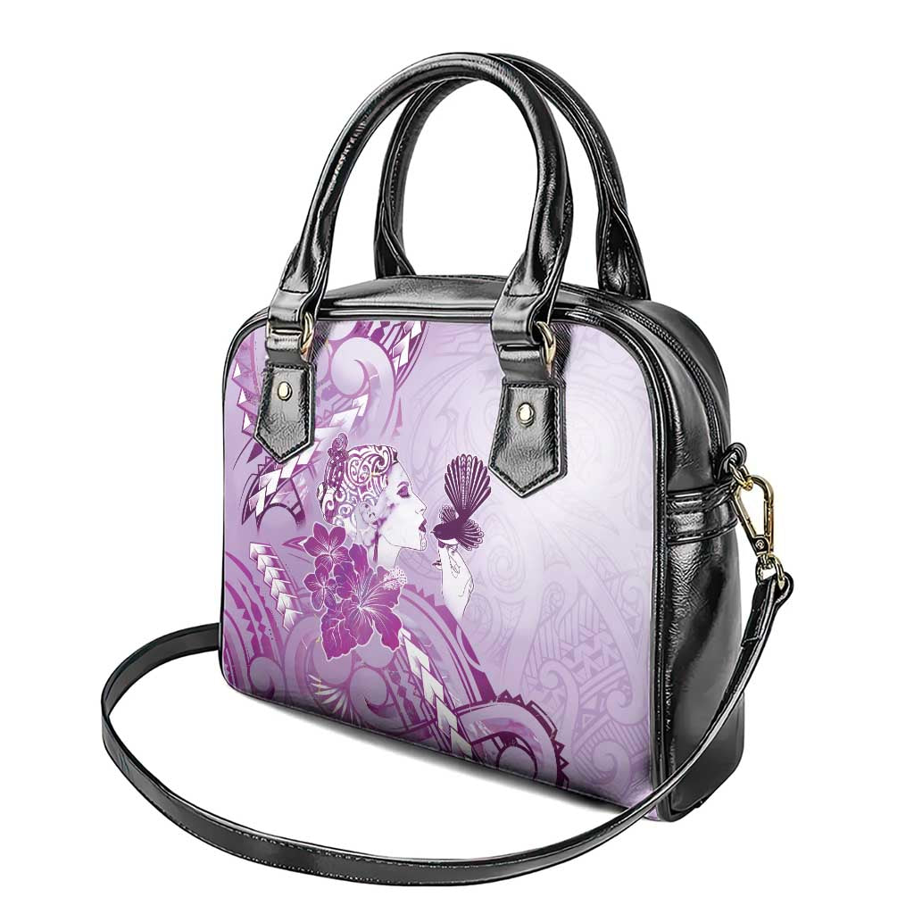 Aotearoa Maori Wahine Shoulder Handbag Fantail Bird Purple Gold Marble