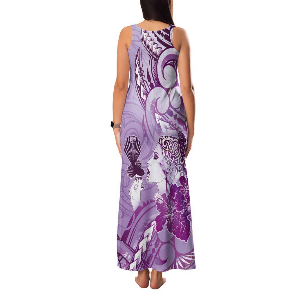 Aotearoa Maori Wahine Tank Maxi Dress Fantail Bird Purple Gold Marble