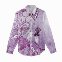 Aotearoa Maori Wahine Women Casual Shirt Fantail Bird Purple Gold Marble LT05 - Polynesian Pride