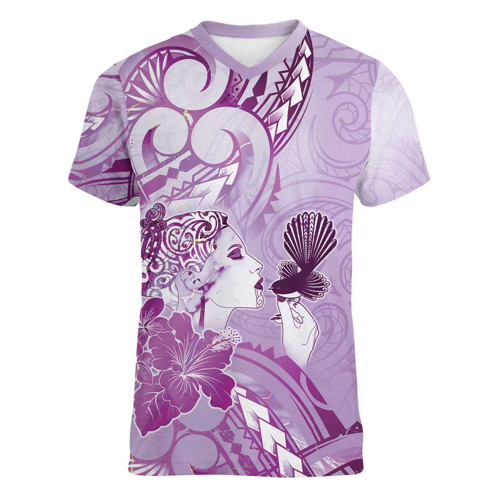 Aotearoa Maori Wahine Women V-Neck T-Shirt Fantail Bird Purple Gold Marble LT05 Female Purple - Polynesian Pride