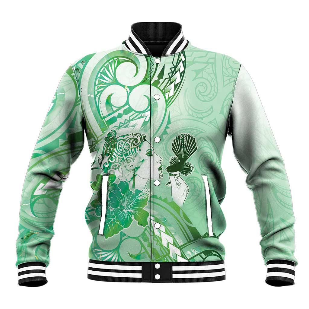Aotearoa Maori Wahine Baseball Jacket Fantail Bird Green Gold Marble LT05 Unisex Green - Polynesian Pride
