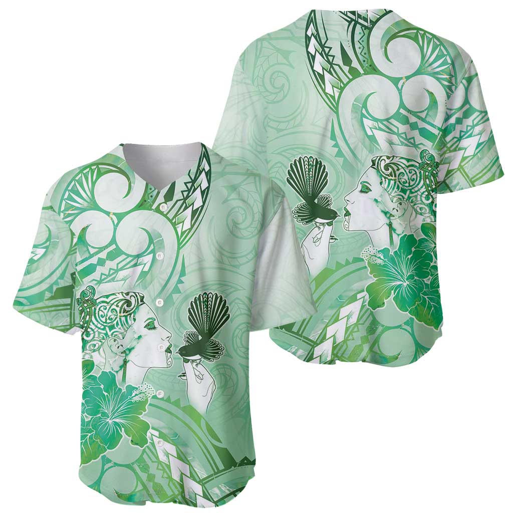 Aotearoa Maori Wahine Baseball Jersey Fantail Bird Green Gold Marble