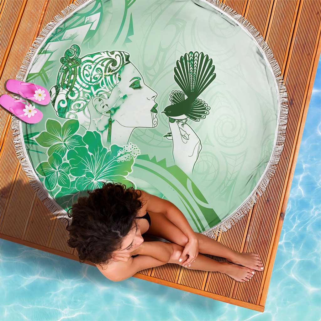 Aotearoa Maori Wahine Beach Blanket Fantail Bird Green Gold Marble