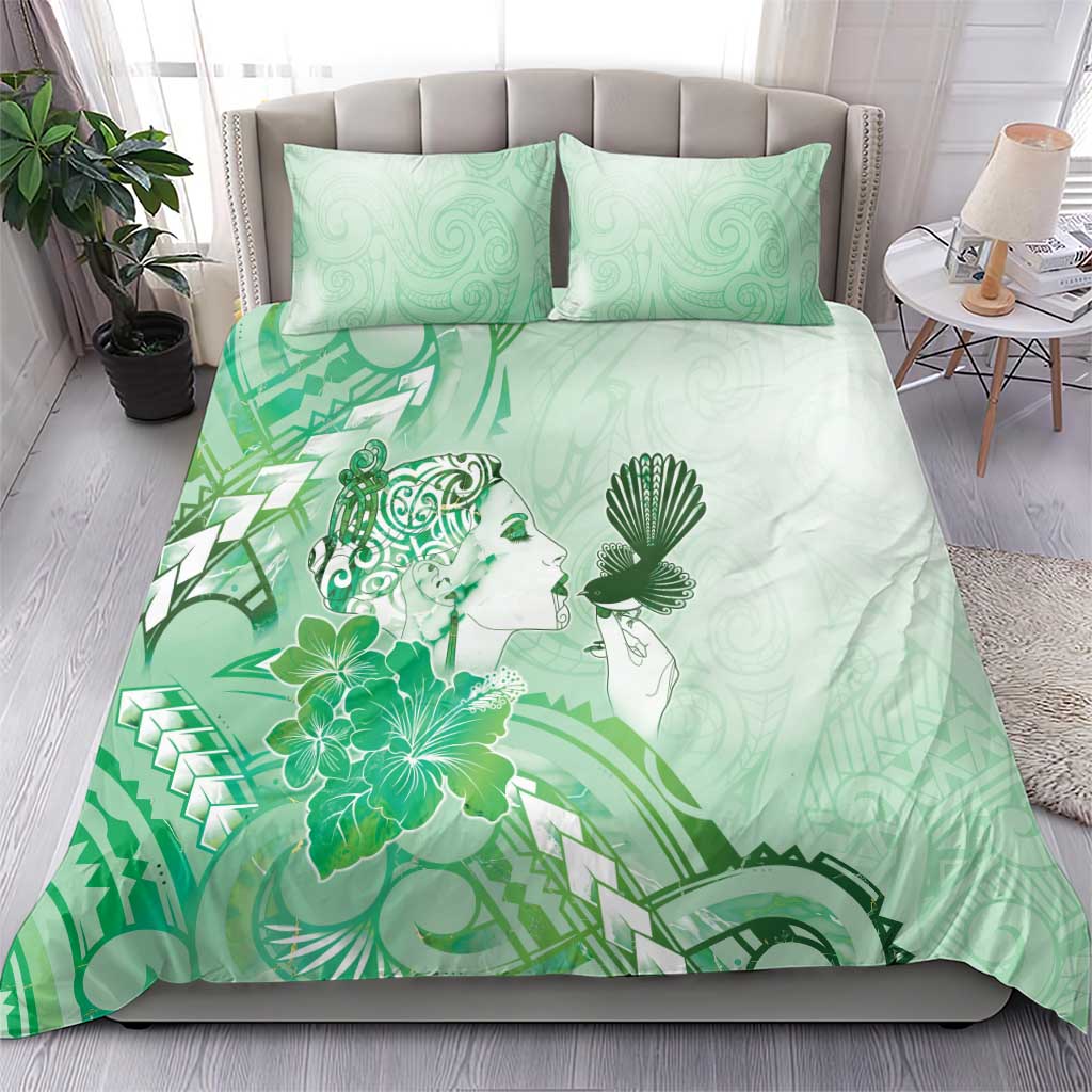 Aotearoa Maori Wahine Bedding Set Fantail Bird Green Gold Marble