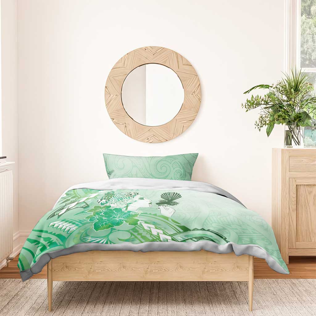 Aotearoa Maori Wahine Bedding Set Fantail Bird Green Gold Marble