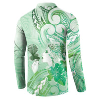 Aotearoa Maori Wahine Button Sweatshirt Fantail Bird Green Gold Marble