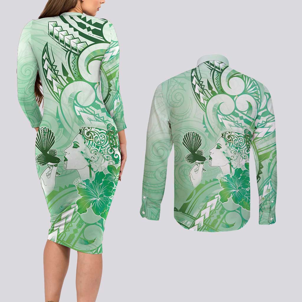 Aotearoa Maori Wahine Couples Matching Long Sleeve Bodycon Dress and Long Sleeve Button Shirt Fantail Bird Green Gold Marble LT05 - Polynesian Pride