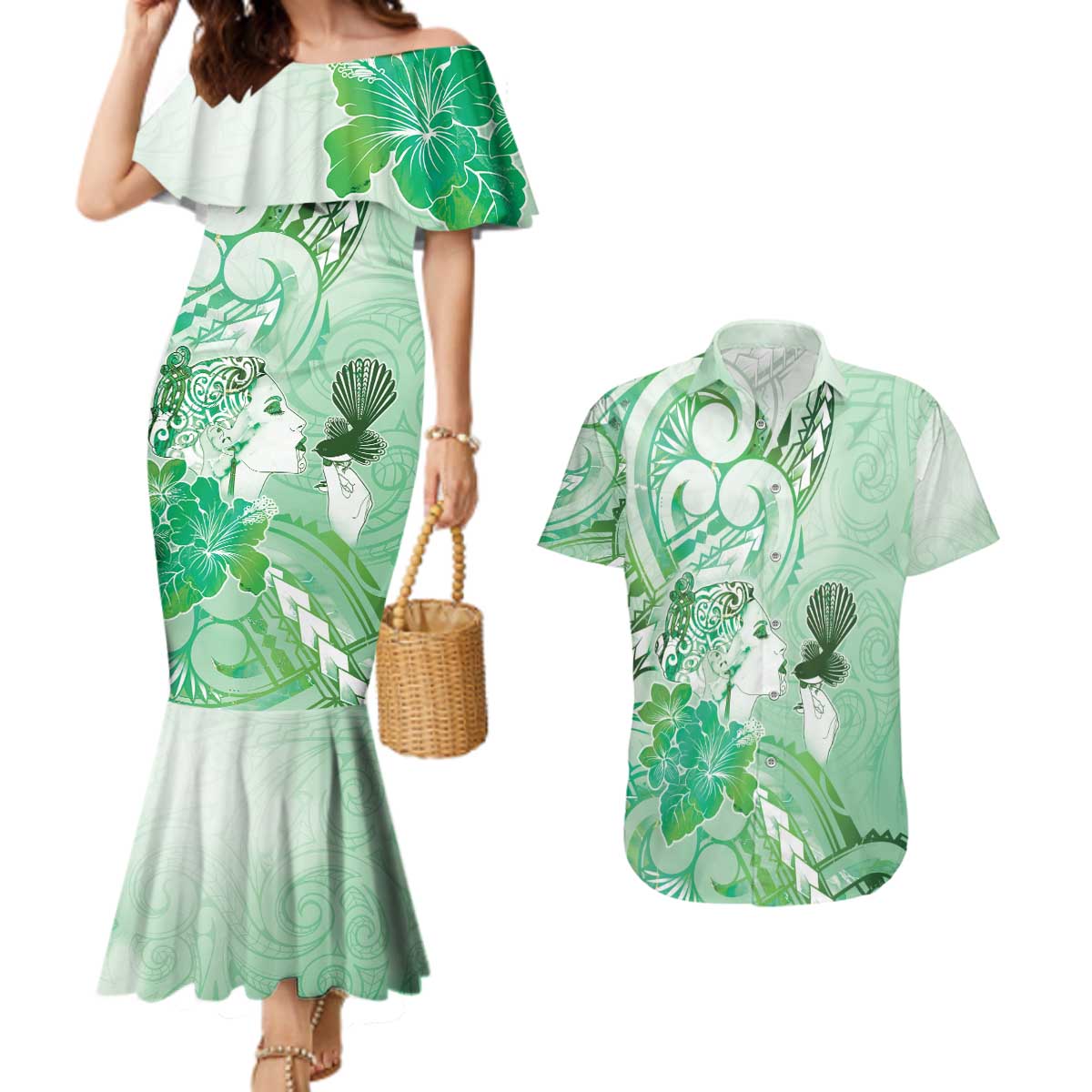 Aotearoa Maori Wahine Couples Matching Mermaid Dress and Hawaiian Shirt Fantail Bird Green Gold Marble LT05 Green - Polynesian Pride