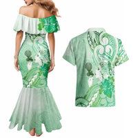 Aotearoa Maori Wahine Couples Matching Mermaid Dress and Hawaiian Shirt Fantail Bird Green Gold Marble LT05 - Polynesian Pride