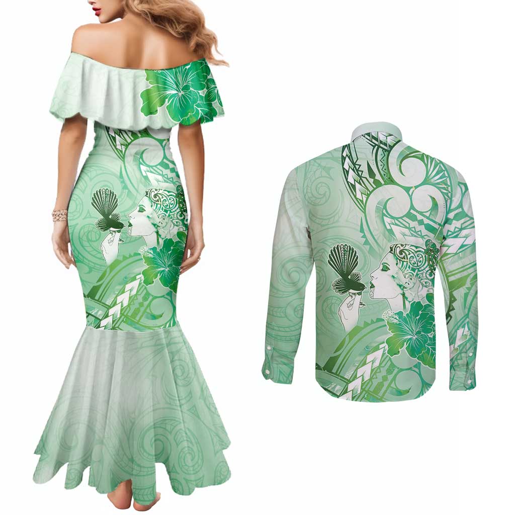 Aotearoa Maori Wahine Couples Matching Mermaid Dress and Long Sleeve Button Shirt Fantail Bird Green Gold Marble LT05 - Polynesian Pride