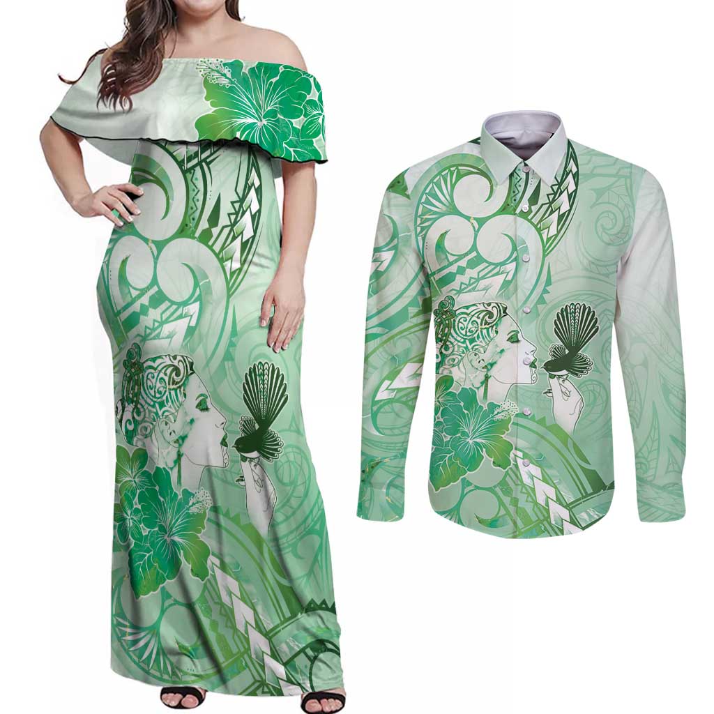 Aotearoa Maori Wahine Couples Matching Off Shoulder Maxi Dress and Long Sleeve Button Shirt Fantail Bird Green Gold Marble LT05 Green - Polynesian Pride