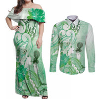 Aotearoa Maori Wahine Couples Matching Off Shoulder Maxi Dress and Long Sleeve Button Shirt Fantail Bird Green Gold Marble LT05 Green - Polynesian Pride