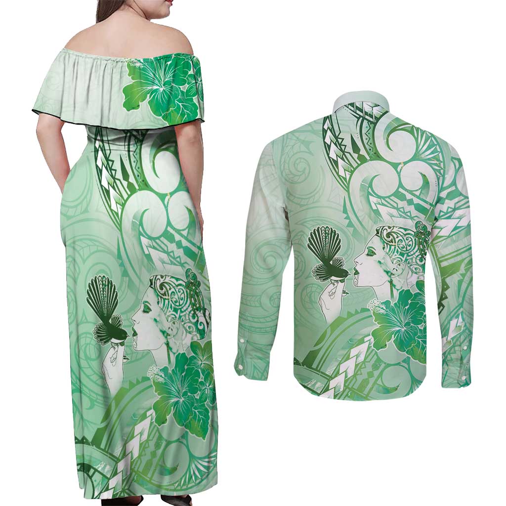 Aotearoa Maori Wahine Couples Matching Off Shoulder Maxi Dress and Long Sleeve Button Shirt Fantail Bird Green Gold Marble LT05 - Polynesian Pride
