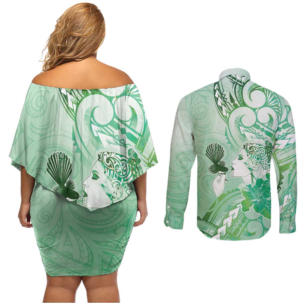 Aotearoa Maori Wahine Couples Matching Off Shoulder Short Dress and Long Sleeve Button Shirt Fantail Bird Green Gold Marble LT05 - Polynesian Pride