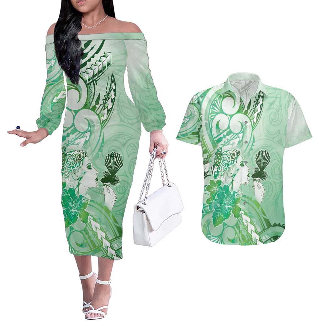 Aotearoa Maori Wahine Couples Matching Off The Shoulder Long Sleeve Dress and Hawaiian Shirt Fantail Bird Green Gold Marble LT05 Green - Polynesian Pride