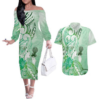 Aotearoa Maori Wahine Couples Matching Off The Shoulder Long Sleeve Dress and Hawaiian Shirt Fantail Bird Green Gold Marble LT05 Green - Polynesian Pride