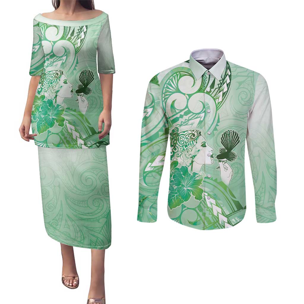 Aotearoa Maori Wahine Couples Matching Puletasi and Long Sleeve Button Shirt Fantail Bird Green Gold Marble