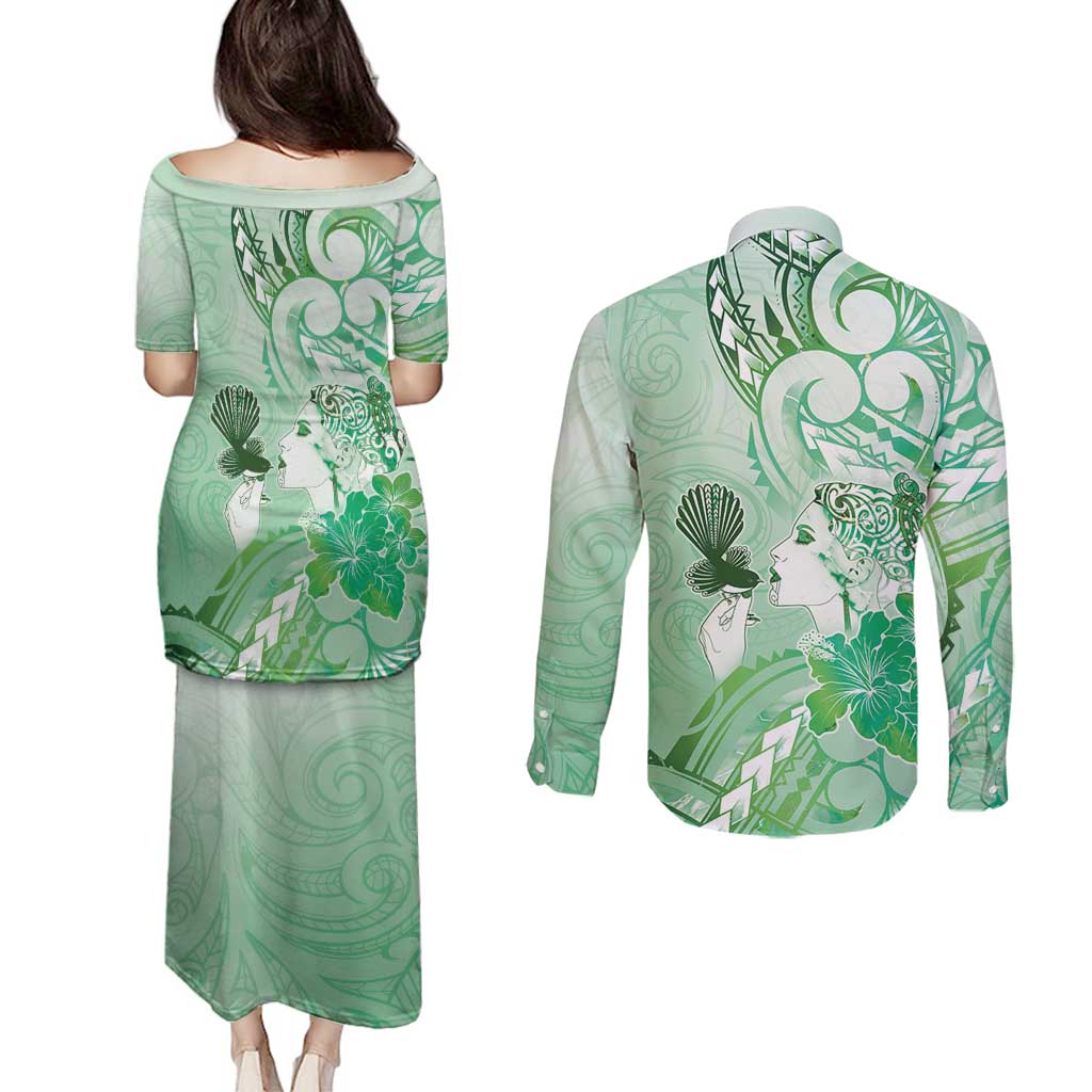 Aotearoa Maori Wahine Couples Matching Puletasi and Long Sleeve Button Shirt Fantail Bird Green Gold Marble