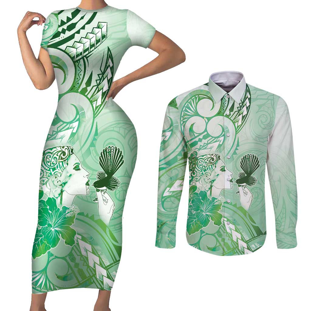 Aotearoa Maori Wahine Couples Matching Short Sleeve Bodycon Dress and Long Sleeve Button Shirt Fantail Bird Green Gold Marble LT05 Green - Polynesian Pride