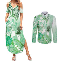 Aotearoa Maori Wahine Couples Matching Summer Maxi Dress and Long Sleeve Button Shirt Fantail Bird Green Gold Marble LT05 Green - Polynesian Pride