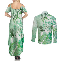 Aotearoa Maori Wahine Couples Matching Summer Maxi Dress and Long Sleeve Button Shirt Fantail Bird Green Gold Marble LT05 - Polynesian Pride