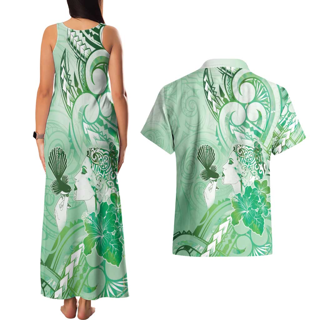 Aotearoa Maori Wahine Couples Matching Tank Maxi Dress and Hawaiian Shirt Fantail Bird Green Gold Marble LT05 - Polynesian Pride