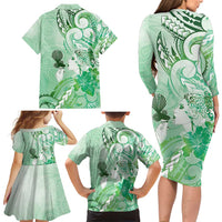 Aotearoa Maori Wahine Family Matching Long Sleeve Bodycon Dress and Hawaiian Shirt Fantail Bird Green Gold Marble LT05 - Polynesian Pride