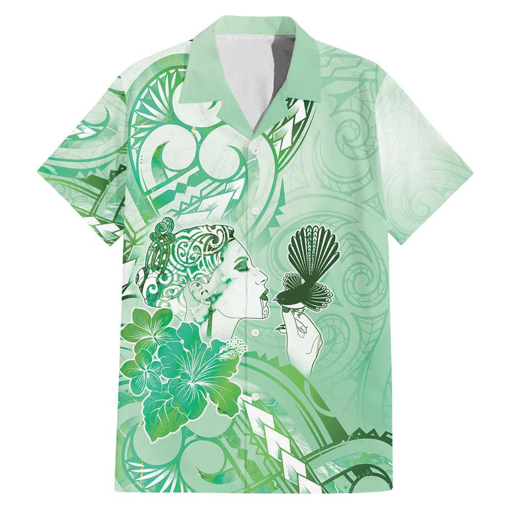Aotearoa Maori Wahine Family Matching Mermaid Dress and Hawaiian Shirt Fantail Bird Green Gold Marble LT05 Dad's Shirt - Short Sleeve Green - Polynesian Pride