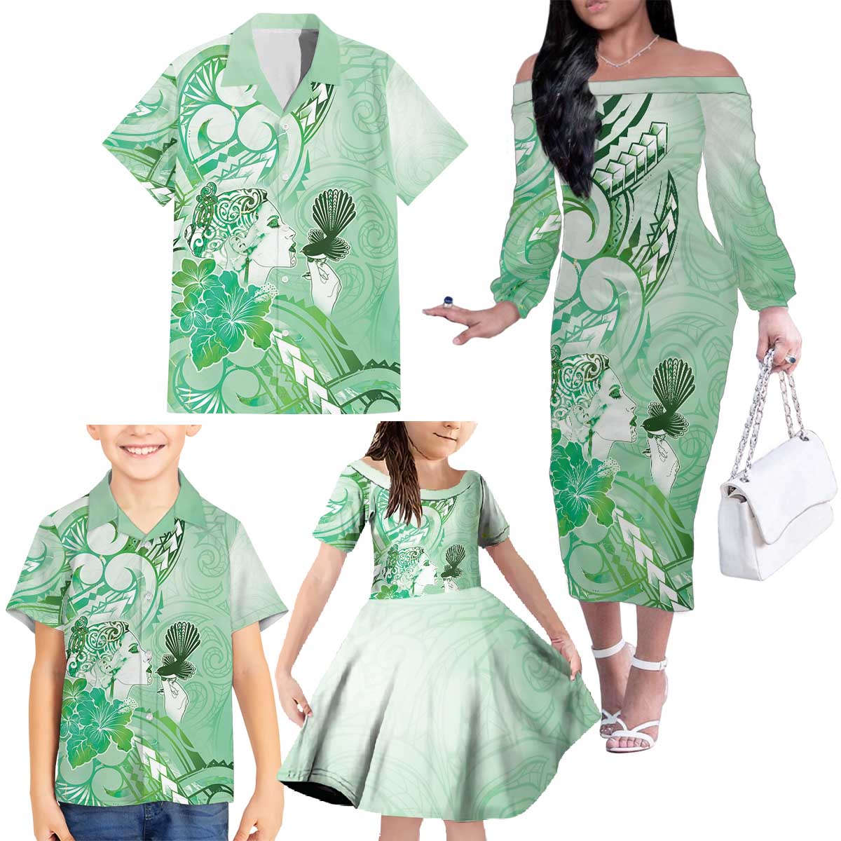 Aotearoa Maori Wahine Family Matching Off The Shoulder Long Sleeve Dress and Hawaiian Shirt Fantail Bird Green Gold Marble LT05 - Polynesian Pride