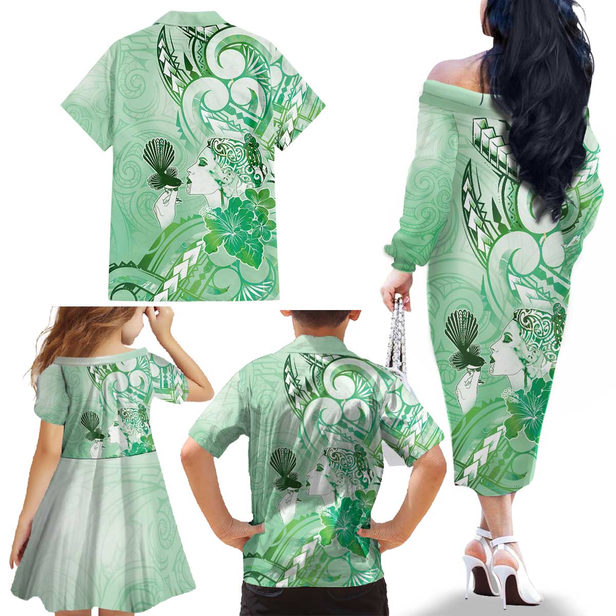 Aotearoa Maori Wahine Family Matching Off The Shoulder Long Sleeve Dress and Hawaiian Shirt Fantail Bird Green Gold Marble LT05 - Polynesian Pride